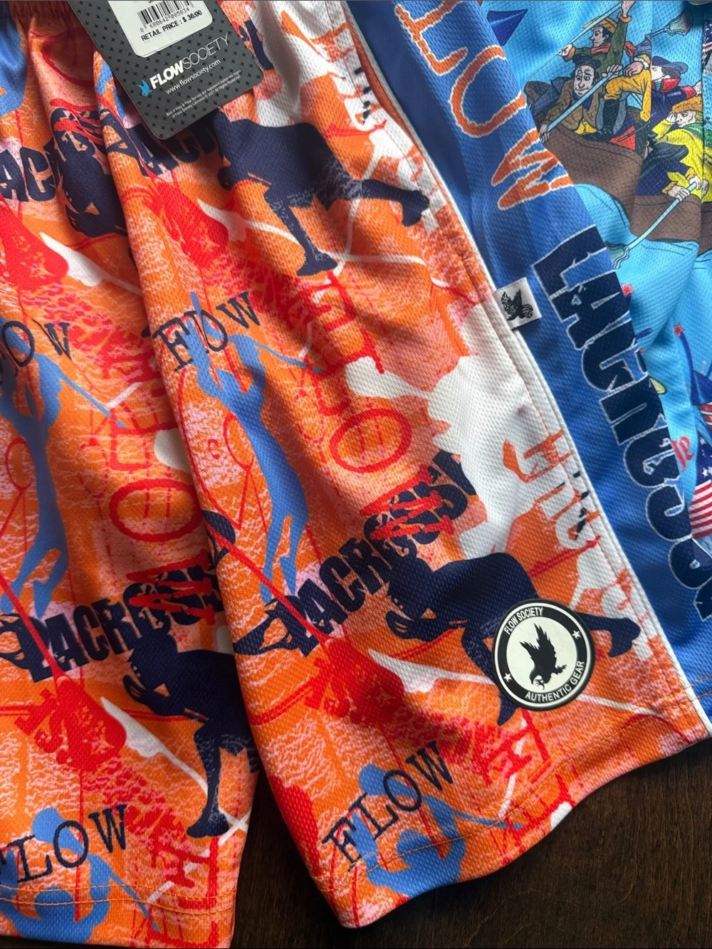 Society Kids Shorts - Bright Blue & Orange Patriotic Print